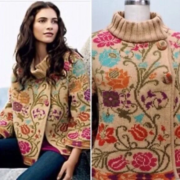 IVKO‎ Women’s Anthropologie Crop Floral Knit Serbian Wool Blend Dreamcoat Jacket